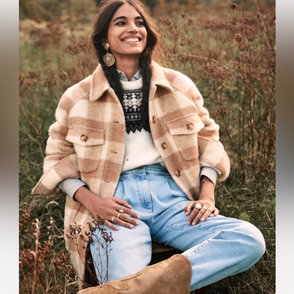 Sezane Joe Wool Coat Ercu Beige Checks FR 44/ US 12